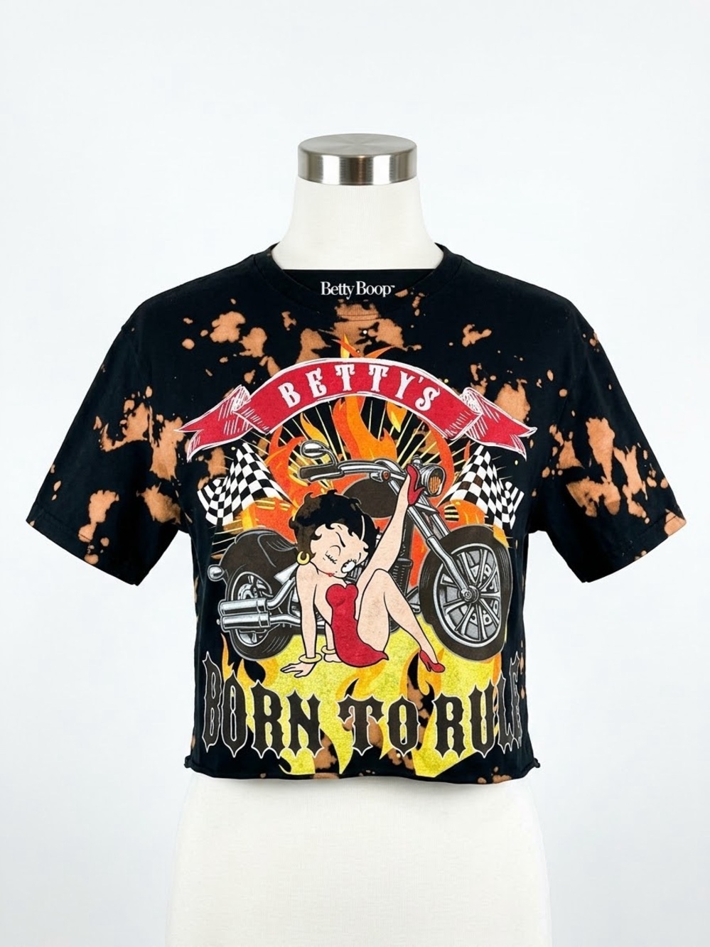 Betty Boop Black Bleach-Effect Graphic Crop Top with Red Accent